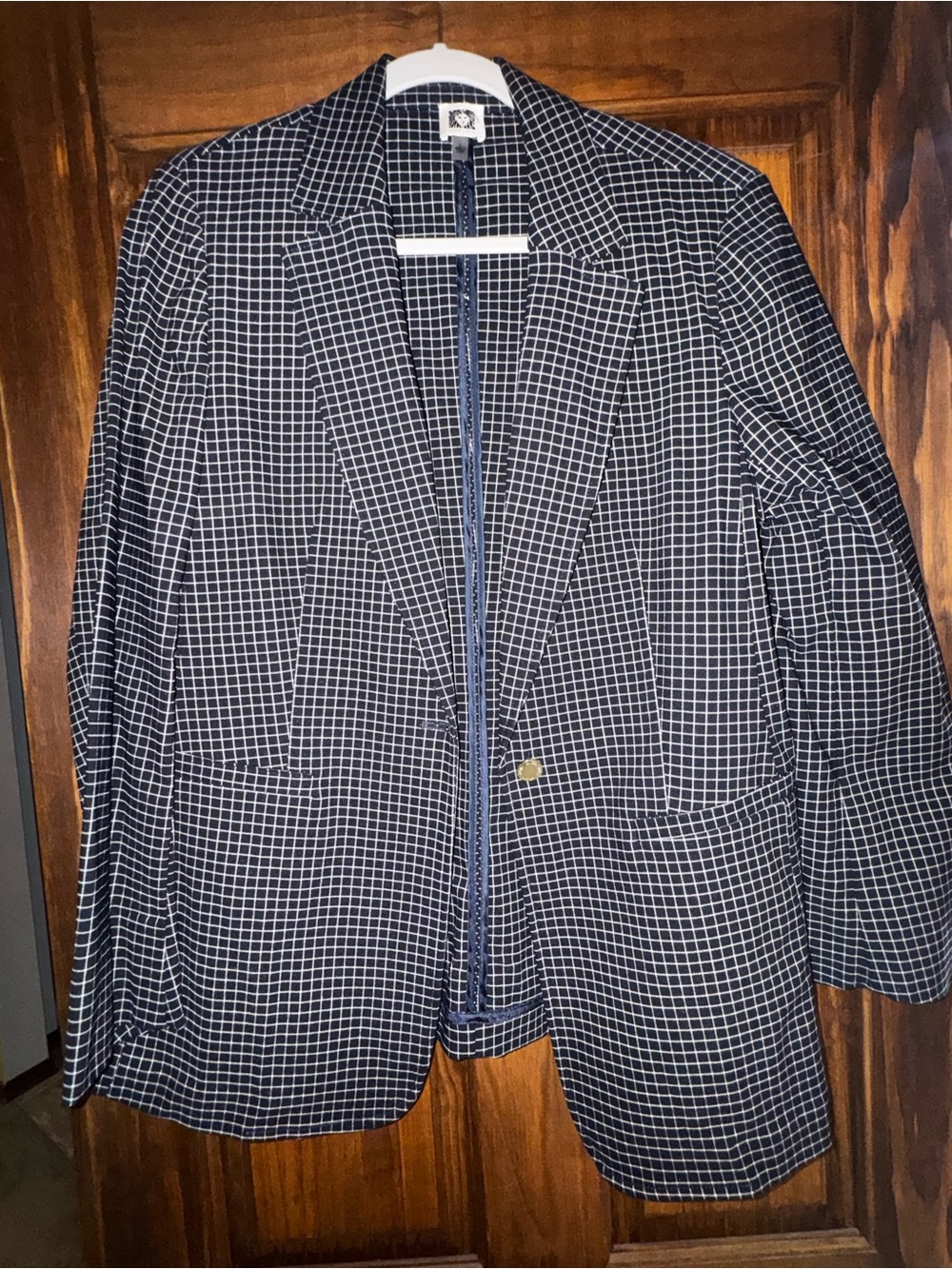 Anne Klein Navy and White Windowpane Blazer